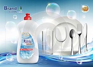 Packaging dishwashing liquid soap. Clean plate and cutlery