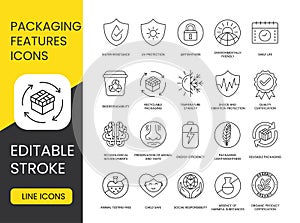 Packaging Features Line Icons Set in Vector, Environmentally Friendly Packaging and UV Protection, Shelf Life or