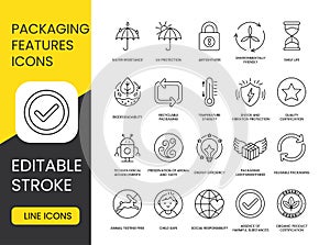 Packaging Features Line Icons Set in Vector, Environmentally Friendly Packaging and UV Protection, Shelf Life or