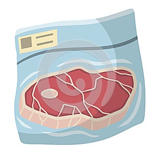 Packaging of frozen red meat. ham in bag. Cartoon flat illustration. Set of supermarket products