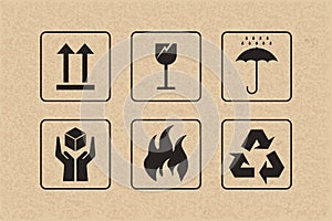 Packaging icon set of fragile care sign and symbol on brown cardboard.