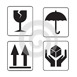 Packaging icon set of fragile care signs and symbols on a white background