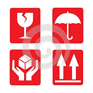 Packaging icon set of fragile care signs and symbols on a white background