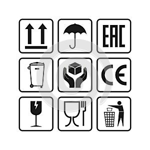 Packaging icons, package signs set. Vector illustration, flat design