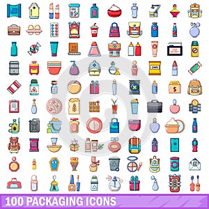 100 packaging icons set, cartoon style