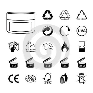 Symbols cosmetic packaging icon set back photo