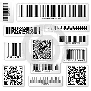 Packaging labels, bar and QR codes on white vector stickers