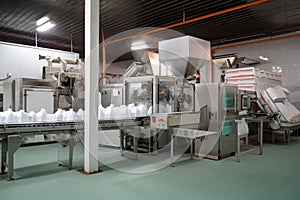 Packaging line in a sugar factory, showing automated machines filling, sealing, and labeling bags of granulated sugar photo