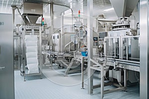 Packaging line in a sugar factory, showing automated machines filling, sealing, and labeling bags of granulated sugar photo