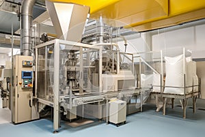 Packaging line in a sugar factory, showing automated machines filling, sealing, and labeling bags of granulated sugar photo