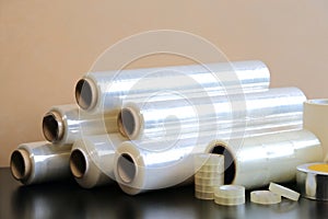 Packaging materials: stretch film, adhesive tape, paint tape.