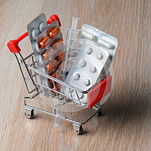 Packaging of medical tablets in the shopping cart. Purchase of medicinal tablets. Protection from virus infection