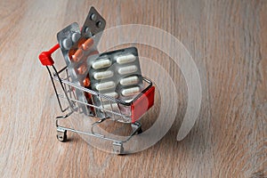 Packaging of medical tablets in the shopping cart. Purchase of medicinal tablets. Protection from virus infection