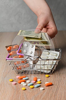 Packaging of medical tablets in the shopping cart. Scattered pills and money. The concept of buying pills.