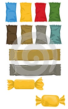 Packaging. Packaging of candies, chips, crackers, nuts in different colors.