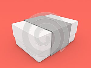 Packaging paper box with ribbon, mockup on red background.