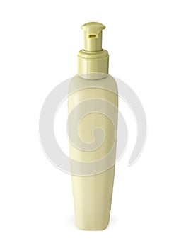 Packaging for perfumery and cosmetics. Close up of plastic cosmetic container with manual dispenser isolated on white background.