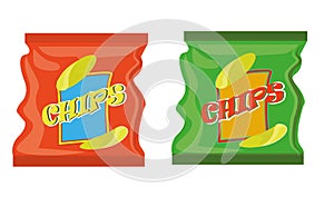 Packaging of potato chips in red and green. Chips packaging design.