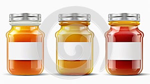 The packaging of preserves in transparent bottles with steel caps and white labels was displayed in this mockup with