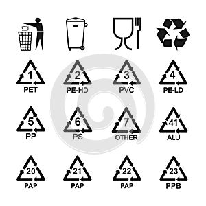 Packaging recycling icons set. Vector illustration, flat design.