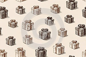 Packaging. Seamless pattern. Bright gift boxes. Hand drawn. Minimalist style