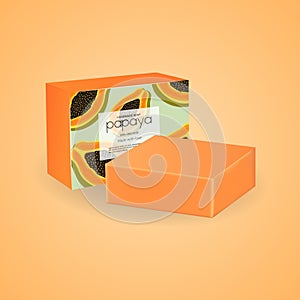 Packaging and soap with papaya. Facial and body skin care. Vector illustration