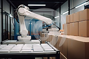 packaging and sorting robot, with hands on its sides, reaching for boxes