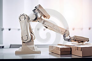 packaging and sorting robot, with hands on its sides, reaching for boxes
