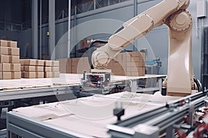 packaging and sorting robot, working tirelessly in busy warehouse, packaging goods to be shipped