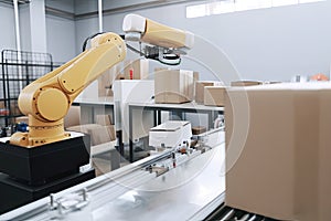 packaging and sorting robot, working tirelessly in busy warehouse, packaging goods to be shipped