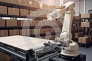 packaging and sorting robot, working tirelessly in busy warehouse, packaging goods to be shipped