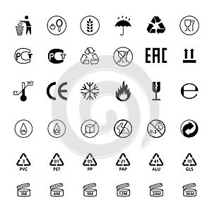 Packaging Symbol Black Thin Line Icon Set. Vector