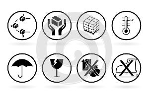 Packaging symbol fragile set collection. Fragile package icons set, handle with care logistics and delivery shipping labels.