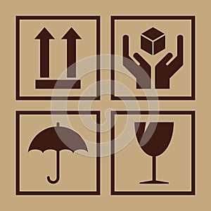 Packaging symbols in flat design style. Fragile icons on cardboard, vector illustration