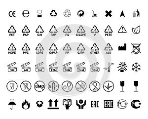Packaging symbols set. Black recycling, handle with care, fragile, material icons. Vector package inflammable, litter photo
