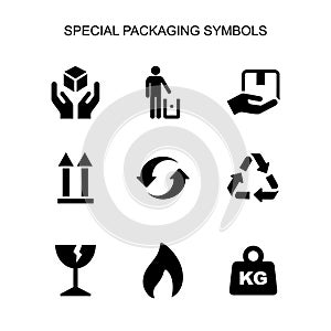 Packaging symbols set simple flat style icon isolated
