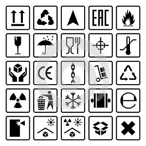 Packaging symbols. Shipping cargo signs fragile, flammable, this side up, handle with care icons use on package carton