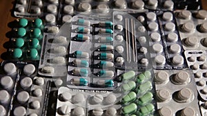 Packaging of tablets and pills on the table