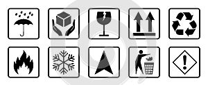Packaging and warning symbols set, fragile cargo icons, fragile package warning signs umbrella, box in hands, glass, side up box
