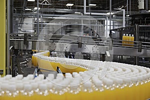 Packed bottles moving on conveyor belt