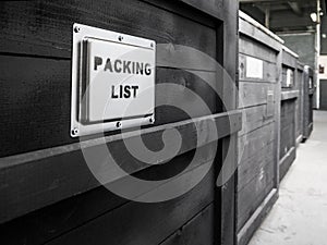 Packed in dark wooden cargo box. The packaging of the goods. Packing list. Special treatment of wooden packing for the tropics.