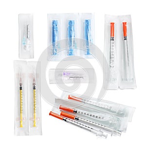 Packed disposable syringes with needles on white background, collage