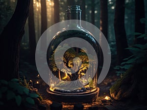 packed jar A small town rich in green forest, set on a wooden table, a big city backdrop full of pollution, the concept of