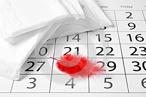 Packed menstrual pads with red feather and calendar