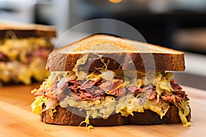 packed reuben sandwich sitting on a deli counter