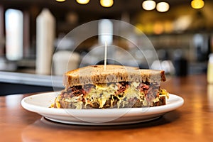 packed reuben sandwich sitting on a deli counter