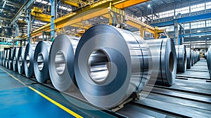 Packed rolls of steel sheet, Cold rolled steel coils in a warehouse