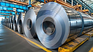 Packed rolls of steel sheet, Cold rolled steel coils in a warehouse
