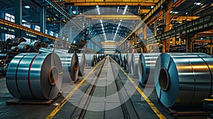 Packed rolls of steel sheets, cold rolled steel coils in factory warehouse