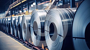 Packed rolls of steel sheets, cold rolled steel coils in factory warehouse